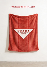 Prada Bright Red Striped Triangle Logo Print Flannel Throw Blanket IMG_2720